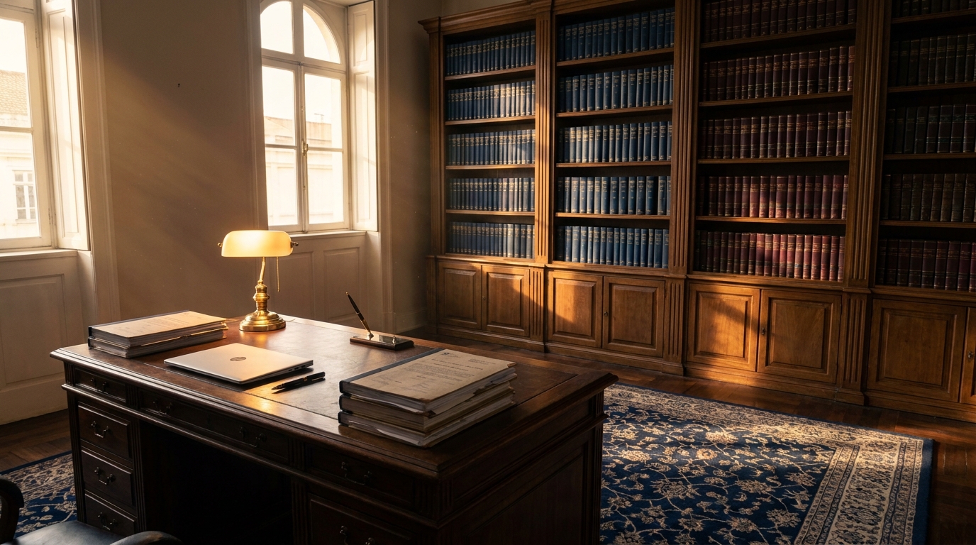 Escritório de perícia judicial — biblioteca técnica e mesa de trabalho