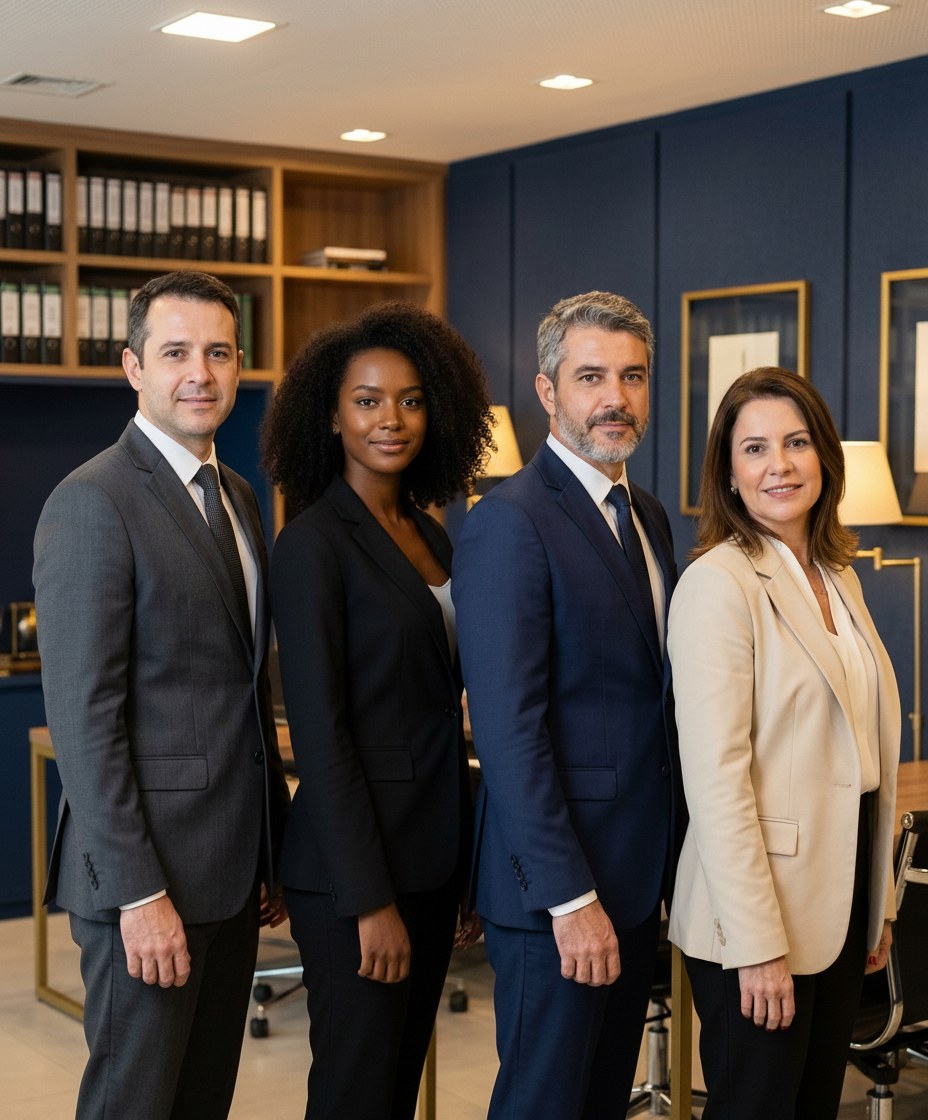 Peritos certificados Perito S.A — dois homens e duas mulheres em escritório judicial